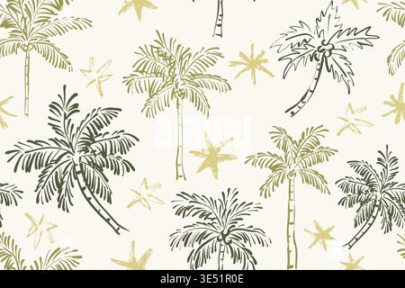 Seamless vector pattern of hand-drawn olive green and sage palm trees on a cream background. This tropical sketch design features crayon stars for sum Stock Vector