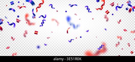 American confetti border with red and blue ribbons falling on transparent background. Patriotic USA frame for July 4th celebration, Independence Day party, or Memorial Day greeting template design. Stock Vector