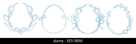Whimsical Easter egg frames with delicate flower pattern and ribbon bow. Vector illustrations set of hand drawn spring borders with vintage ornamental design, pastel blue girly coquette prints Stock Vector
