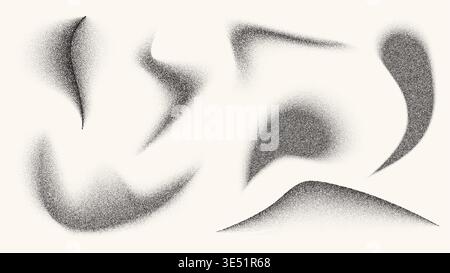 Abstract grain texture elements, flowing wave gradients and dynamic dotted pattern. Black and white fluid grain effect with stipple sand dots and smooth airbrush fade strokes Stock Vector