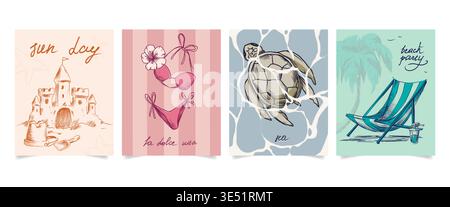 Vintage sketch beach postcards set with sand castle, bikini, turtle and striped chair. Vector illustration of tropical sea coast posters, summer paradise with retro hand drawn artworks, t-shirt prints Stock Vector