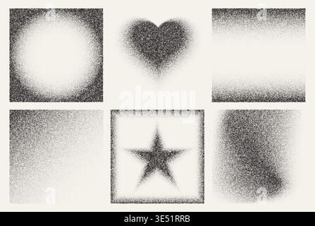Grainy gradient texture square frames with vintage noise or spray effect and abstract dust patterns on white background. Vector illustration, grunge borders, star and heart for retro design Stock Vector