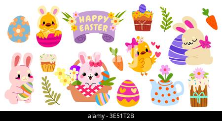 Easter bunny, chick and colored eggs cartoon elements, bouquet in basket, spring flower in watering can or teapot, Happy Easter banner. Cute vector illustrations, funny baby animals for festive design Stock Vector