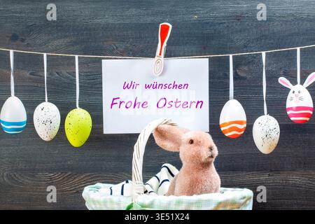 Easter decorations and a sign with the text WIR WÜNSCHEN FROHE OSTERN (digitally added) in front of a rustic wooden board Stock Photo