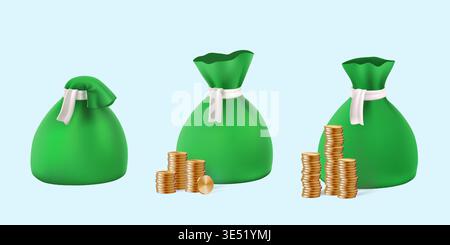 3d money bag full of coins, open sack with gold floating. Million dollar cash casino prize, invest budget concept. Bank bill bonus, treasure Stock Vector