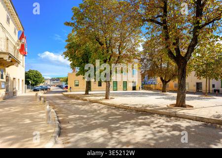 A tree lined square across from the city hall in the rural hill town of Višnjan, Croatia. Stock Photo