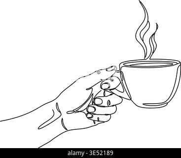 A human hand continuously drawn holding a steaming coffee cup, a minimalist vector illustration perfect for cafe menus. Stock Vector