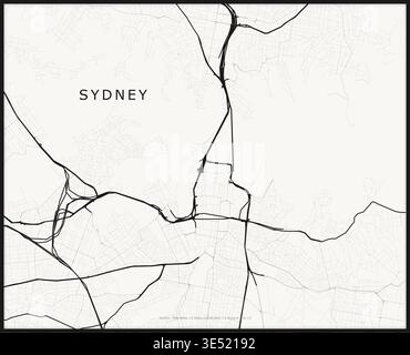 Sydney road network - ink-weight cartographic line art. Three stroke tiers render highway spines at full black arterials at mid-weight and Stock Vector