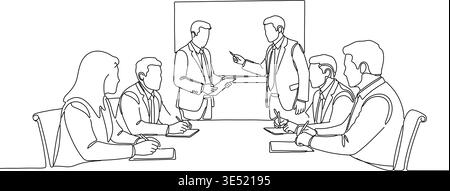 Professionals engage in a business meeting, with one person presenting information to colleagues in this minimalist continuous line vector graphic. Stock Vector