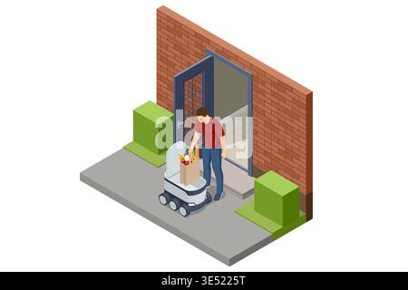 Isometric autonomous courier robot brings grocery bag to a doorway. Residential delivery highlights smart last mile transport, contactless handoff Stock Vector