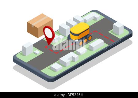 Isometric smartphone map with autonomous delivery robot, parcel and location pin. Mobile app interface concept shows route guidance, smart courier Stock Vector