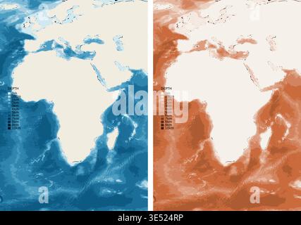 Africa N S Bathymetric Ocean Depth Map - Conic Equidistant Projection - Scalable Multi-Color Seafloor Relief Topography with Depth Legend Showing Stock Vector