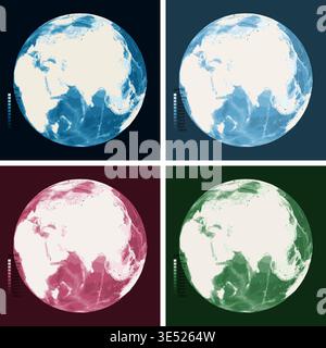 Eastern Hemisphere Bathymetric Ocean Depth Map - Orthographic Projection - Scalable Multi-Color Seafloor Relief Topography with Depth Legend Showing Stock Vector