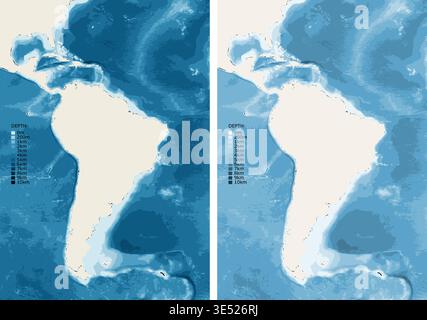 South America Bathymetric Ocean Depth Map - Mercator Projection - Scalable Multi-Color Seafloor Relief Topography with Depth Legend Showing Stock Vector