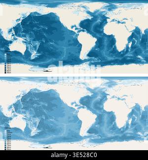 World Americas Centered Bathymetric Ocean Depth Map - Equirectangular Projection - Scalable Multi-Color Seafloor Relief Topography with Depth Legend Stock Vector