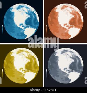 Western Hemisphere Bathymetric Ocean Depth Map - Orthographic Projection - Scalable Multi-Color Seafloor Relief Topography with Depth Legend Showing Stock Vector