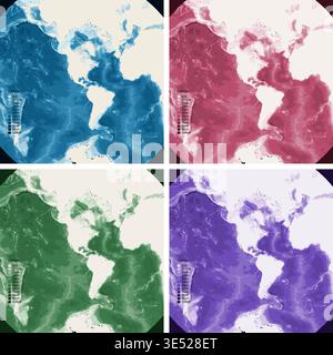 Western Hemisphere Bathymetric Ocean Depth Map - Stereographic Projection - Scalable Multi-Color Seafloor Relief Topography with Depth Legend Showing Stock Vector
