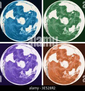 World from South Pole Bathymetric Ocean Depth Map - Azimuthal Equal-Area Projection - Scalable Multi-Color Seafloor Relief Topography with Depth Stock Vector