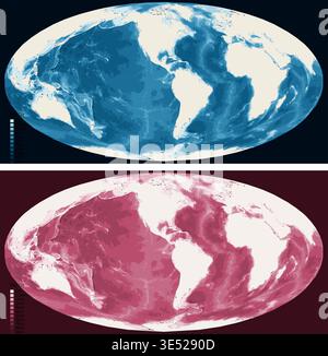 World Americas Centered Bathymetric Ocean Depth Map - Mollweide Projection - Scalable Multi-Color Seafloor Relief Topography with Depth Legend Stock Vector