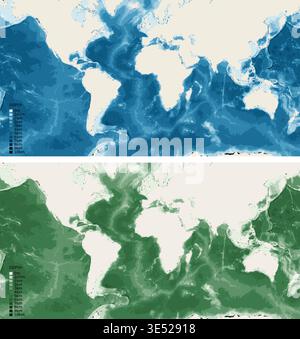 World Standard Bathymetric Ocean Depth Map - Mercator Projection - Scalable Multi-Color Seafloor Relief Topography with Depth Legend Showing Stock Vector