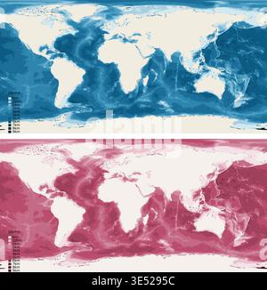 World Atlantic Centered Bathymetric Ocean Depth Map - Equirectangular Projection - Scalable Multi-Color Seafloor Relief Topography with Depth Legend Stock Vector