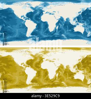 World Standard Bathymetric Ocean Depth Map - Plate Carree Equirectangular Projection - Scalable Multi-Color Seafloor Relief Topography with Depth Stock Vector