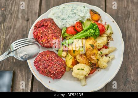 A white ceramic plate filled with a colorful vegetarian meal sits on a rustic wooden table. The dish features two reddish-purple vegetable patties, Stock Photo