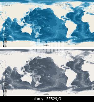 World Pacific Centered Bathymetric Ocean Depth Map - Equirectangular Projection - Scalable Multi-Color Seafloor Relief Topography with Depth Legend Stock Vector