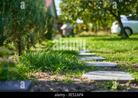 A low-angle view of a garden path made of rectangular stepping stones set among lush green grass and plants. The foreground features vibrant green Stock Photo