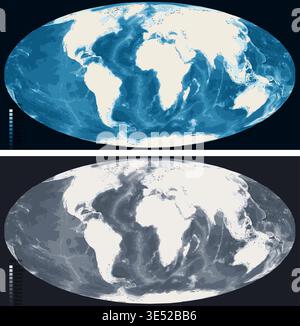 World Standard Bathymetric Ocean Depth Map - Mollweide Projection - Scalable Multi-Color Seafloor Relief Topography with Depth Legend Showing Stock Vector