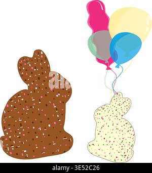 Easter bunny cookies vector set on transparent background. Chocolate and vanilla gingerbread rabbits with sprinkles and colorful balloons Stock Vector
