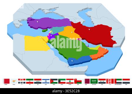 Isometric political map of the Middle East with highlighted countries, borders, national flags. Regional geography concept shows territory, state Stock Vector