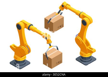 Isometric industrial robot arm handling cardboard box in an automated factory setting. Smart manufacturing concept shows robotic packaging, warehouse Stock Vector