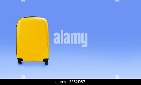 Bright Yellow Suitcase on a Solid Blue Background Ready for Travel or Vacation Plans Stock Photo