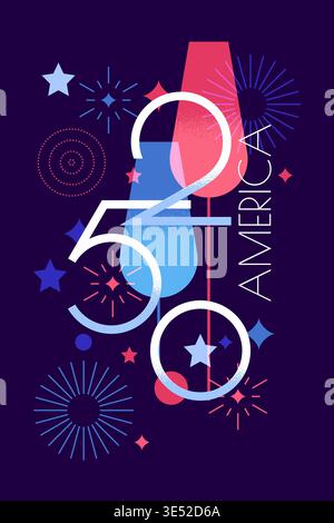 America 250 years and July 4 celebration vertical banner. Vector flat illustration of cocktails or champagne and fireworks. Design elements for USA In Stock Vector