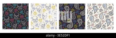 Halloween black and white seamless pattern set with hand drawn floral skulls with paisley Stock Vector