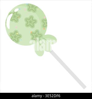 Cute Matcha round lollipop with star patterns and colorful sprinkles. Sweet candy on a stick isolated on white, perfect for party and dessert designs Stock Vector