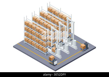 Isometric high bay warehouse with automated stacker crane and tall shelving full of boxes. Smart storage robotic retrieval, inventory control Stock Vector