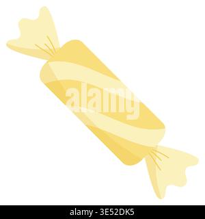 Cute yellow cylindrical candy in a striped wrapper. Sweet lemon or banana dessert vector isolated on white, perfect for food and party decorations Stock Vector