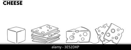 Minimalist vector graphic illustration showcasing various cheese forms, including a block, slices, and a wedge, drawn with a single continuous line. Stock Vector