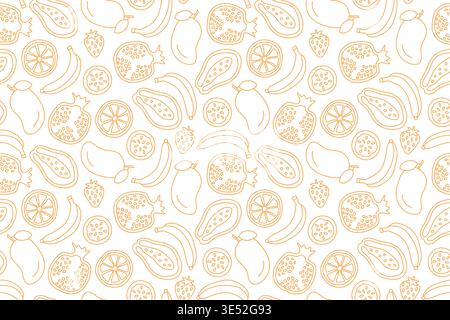 fruits seamless pattern: pomegranate, passion fruit, papaya, banana, mango, orange and strawberry; fresh summer food background- vector illustration Stock Vector