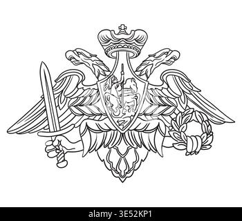 A double-headed eagle with a sword and a wreath in his legs, Russian symbol. Hand drawing isolated monochrome vector illustration for decoration, card Stock Vector