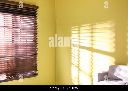 Light and shadows from window blinds falling on green wall Stock Photo