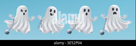 Halloween 3d emoji, little prisoner ghost game set. Chained phantom in white cloth, vector spooky character. Cute laugh, scream or scaring boo. Metal Stock Vector