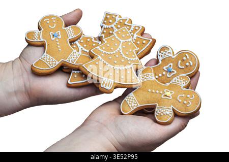 Festive gingerbread cookies in the form of trees and men, held by hands on a white background, isolate Stock Photo