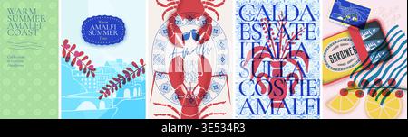 Mediterranean patterns. Italian summer food stamps. Amalfi vintage watercolor lobster, sardine and crab design for coastal prints. Italian text transl Stock Vector
