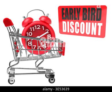 Early bird discount poster with alarm clock and shopping cart on white background Stock Photo