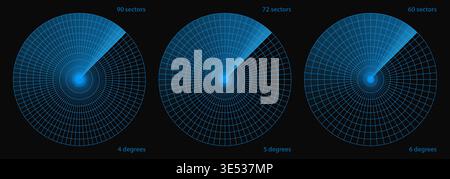 Radar screen of military sonar technology vector. Target ship scan in blue circle bg. Data digital ui on army interface map, navy sea monitor with Stock Vector