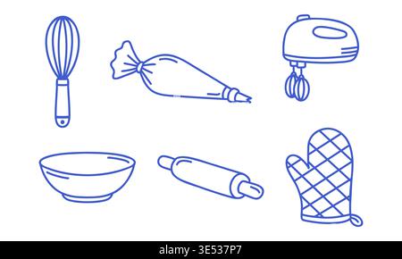 Baking tools v set with whisk, piping bag, hand mixer, bowl, rolling pin and oven mitt. Blue line vector on white background.  Stock Vector