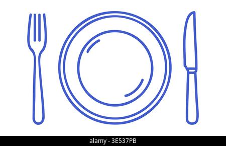 Plate with fork and knife in minimal outline illustration style. Hand drawn icon. Outline vector isolated illustration.  Stock Vector
